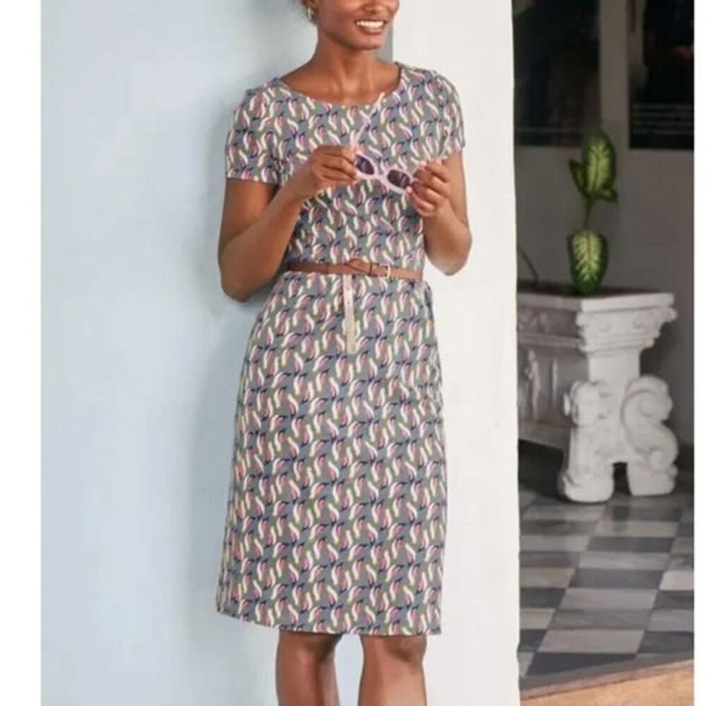 Boden Phoebe Pure Cotton Jersey Pink And Gray Bird Pattern Dress with Pockets